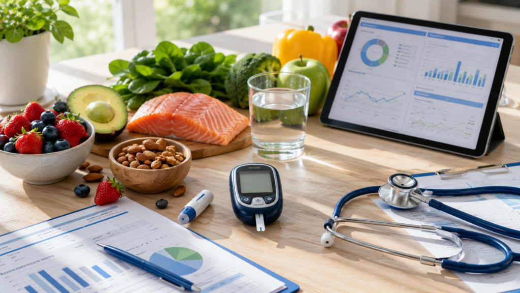 Healthy foods and blood sugar monitoring tools representing metabolic health education