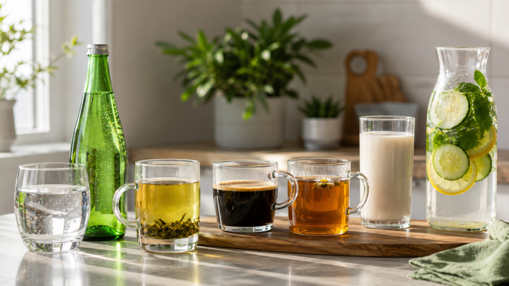 Healthy drinks including water, green tea, black coffee and infused water for blood sugar control