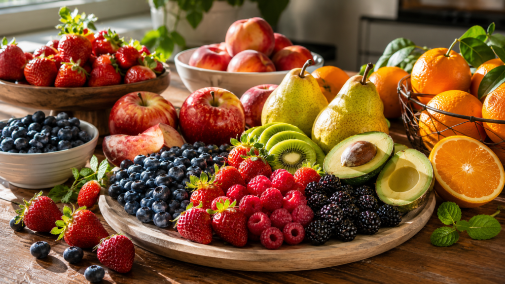 Healthy fruits including blueberries, strawberries, apples, pears, kiwi and avocado for blood sugar control