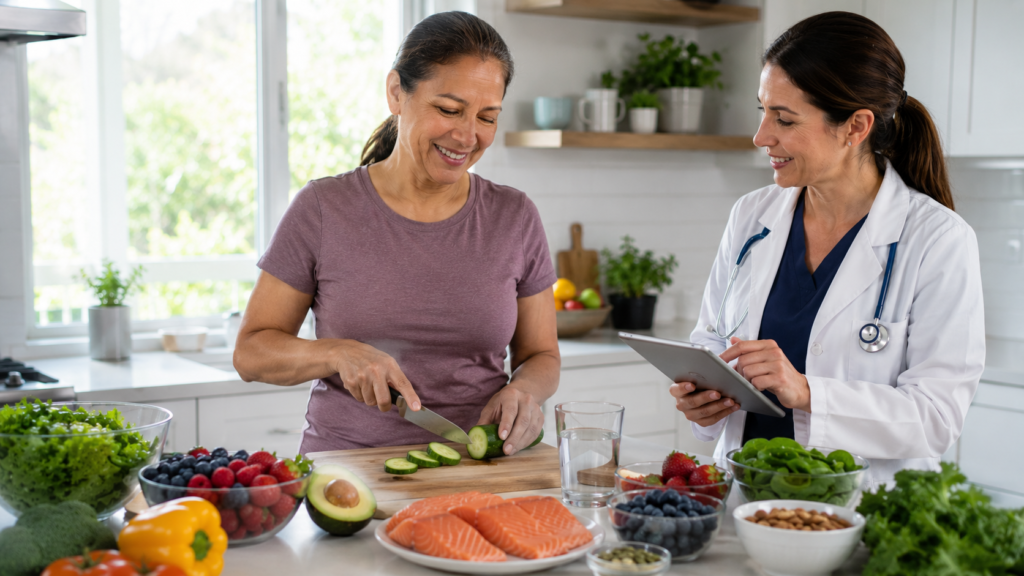 Middle-aged adult choosing healthy foods while reviewing blood sugar results with a healthcare professional