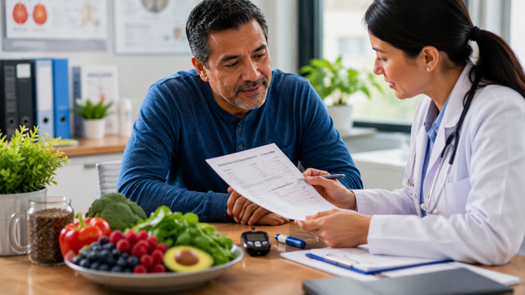 Middle-aged adult reviewing blood sugar test results with a healthcare professional