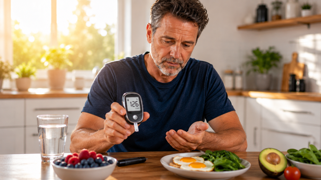 Adult checking fasting blood sugar levels with a glucose meter