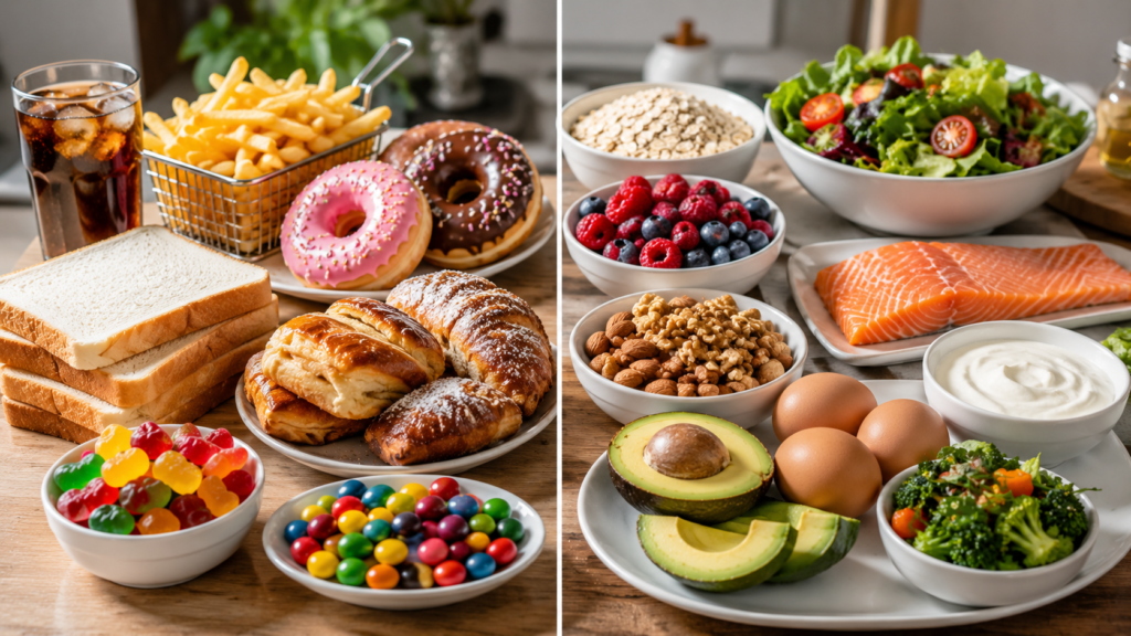 Sugary foods and healthy alternatives displayed side by side for blood sugar awareness