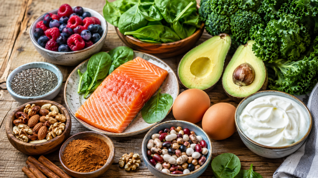 Healthy foods that support healthy blood sugar management including salmon, avocado, leafy greens, berries, eggs, nuts and Greek yogurt