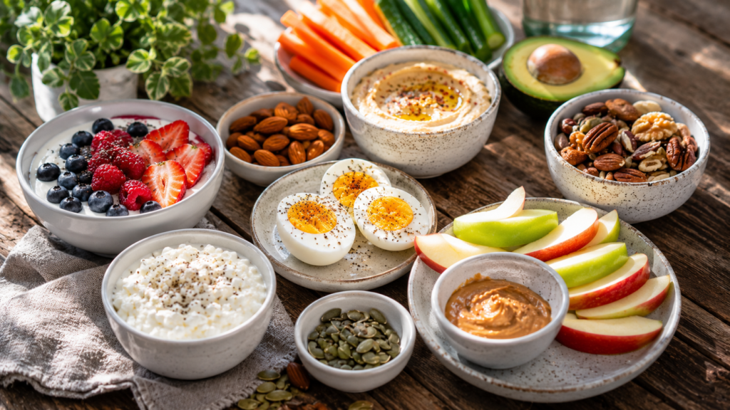 Healthy diabetes-friendly snacks including nuts, Greek yogurt, berries, eggs and vegetables