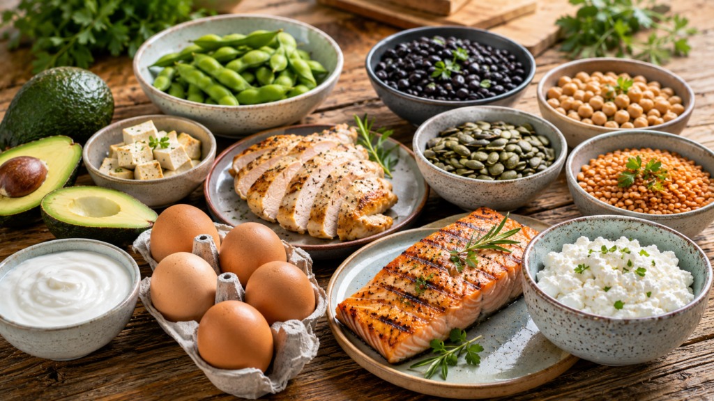 Healthy high-protein foods including eggs, salmon, chicken, Greek yogurt, beans and tofu arranged on a kitchen table