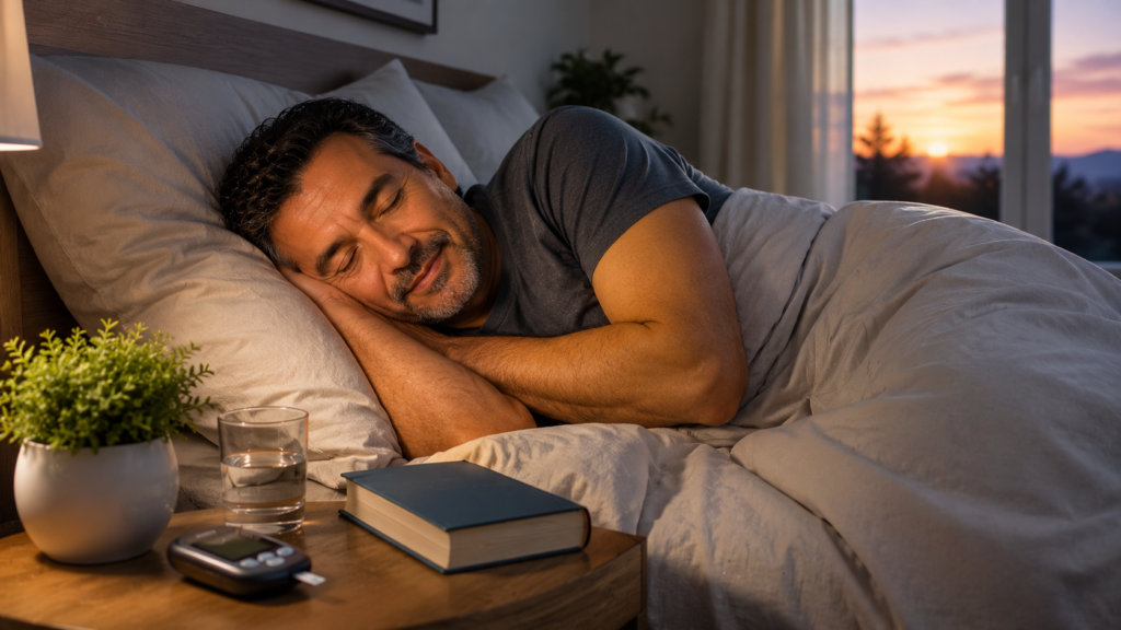 Middle-aged adult sleeping peacefully while a glucose monitor rests on a bedside table