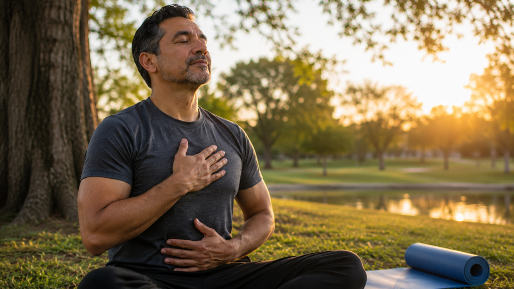 Middle-aged adult practicing deep breathing outdoors to reduce stress and support healthy blood sugar