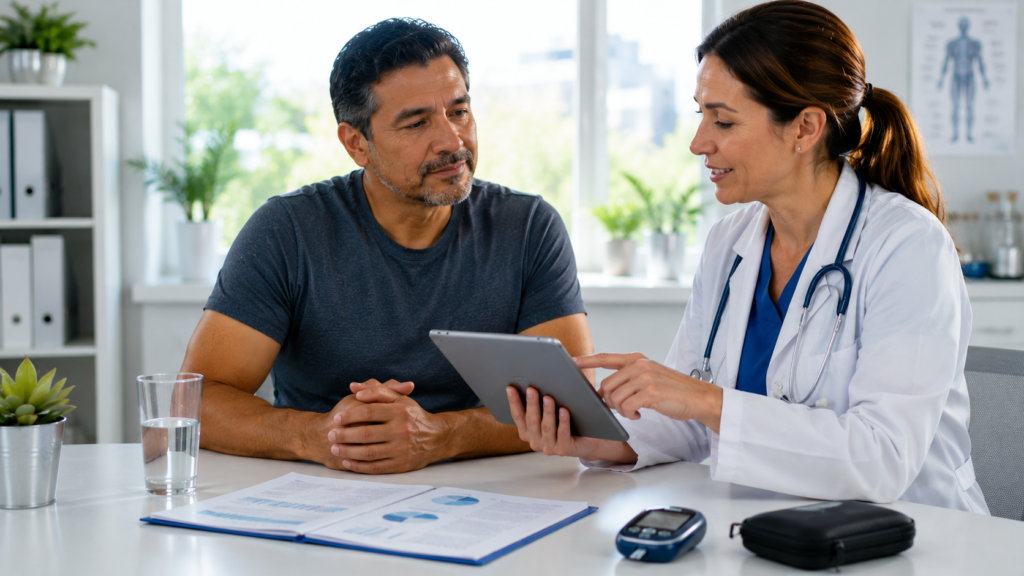 Healthcare professional reviewing A1C blood test results with a patient