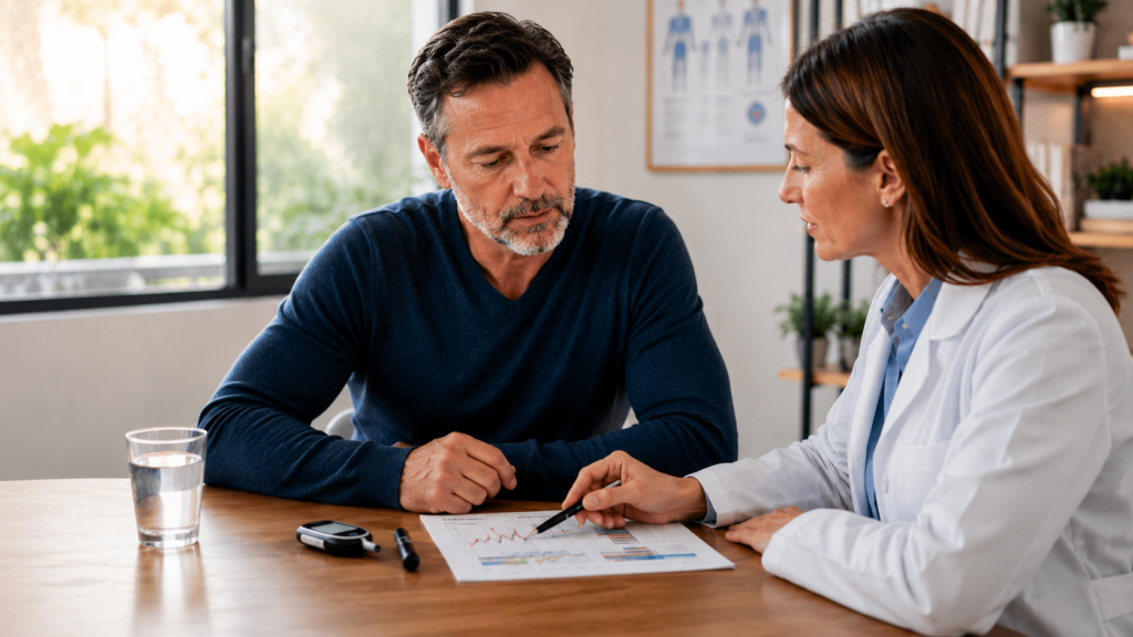 Middle-aged adult checking blood sugar levels with a glucose meter at home