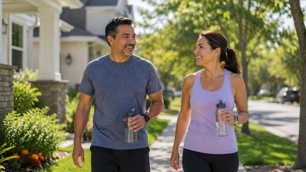 Middle-aged couple walking outdoors after a healthy meal to support blood sugar control