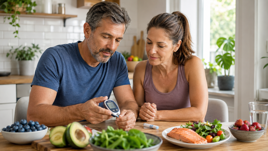 Man checking blood sugar levels with glucose meter while eating healthy foods including salmon, avocado and berries