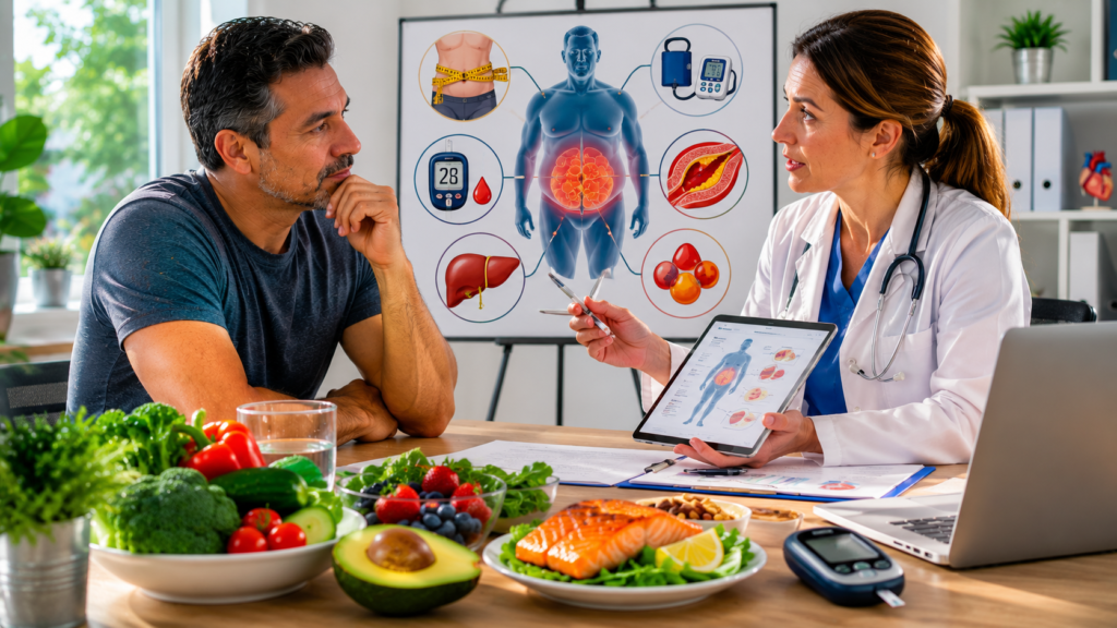 Healthcare professional explaining metabolic syndrome risk factors to a middle-aged patient